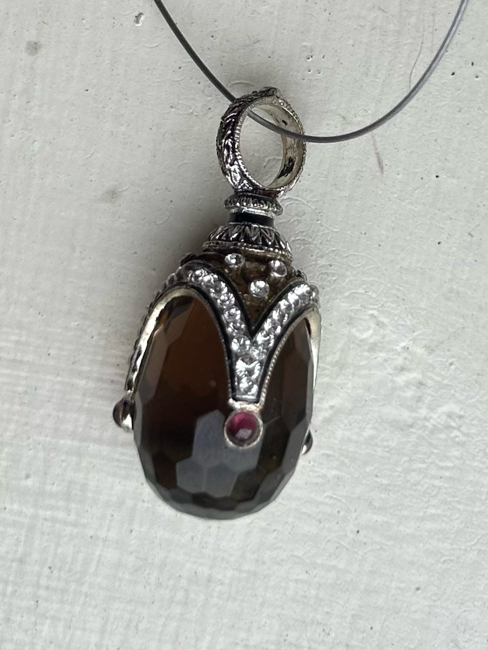 NWOT Smoky Quartz Faberge-type Drop Pendant with Crystal Accents